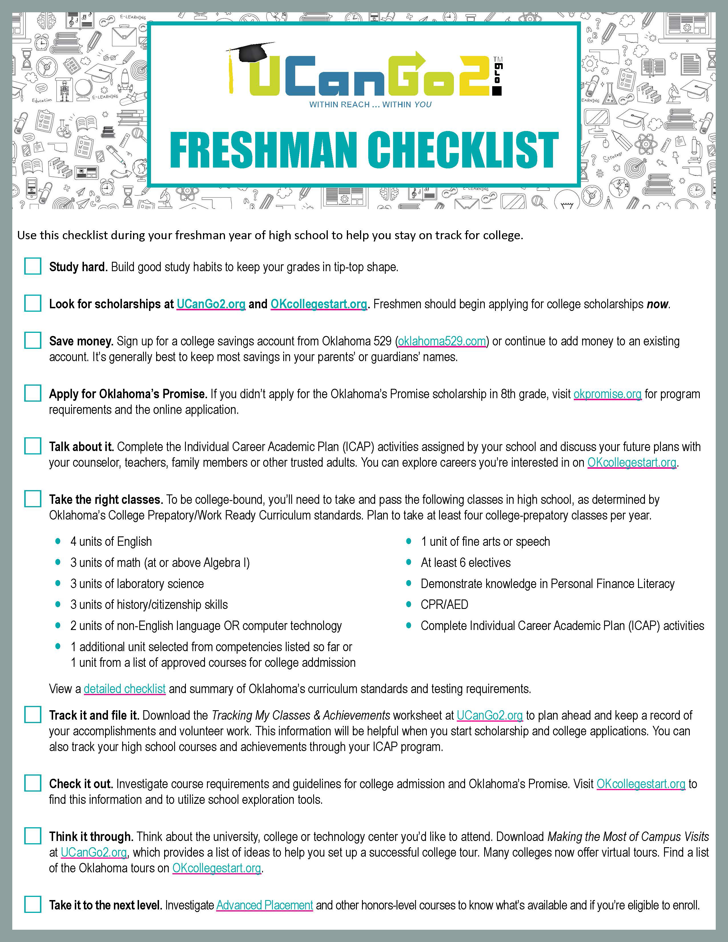 Links to college planning checklists for high school students