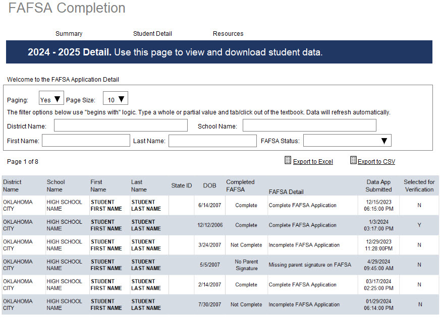 Screenshot of the FAFSA Completion Portal, showing information for sample students. Students are organized by row, and the information organized by column is District Name, School Name, First Name, State ID, Date of Birth, Completed FAFSA status, FAFSA Detail, Date App Submitted, and Selected for Verificiation.
