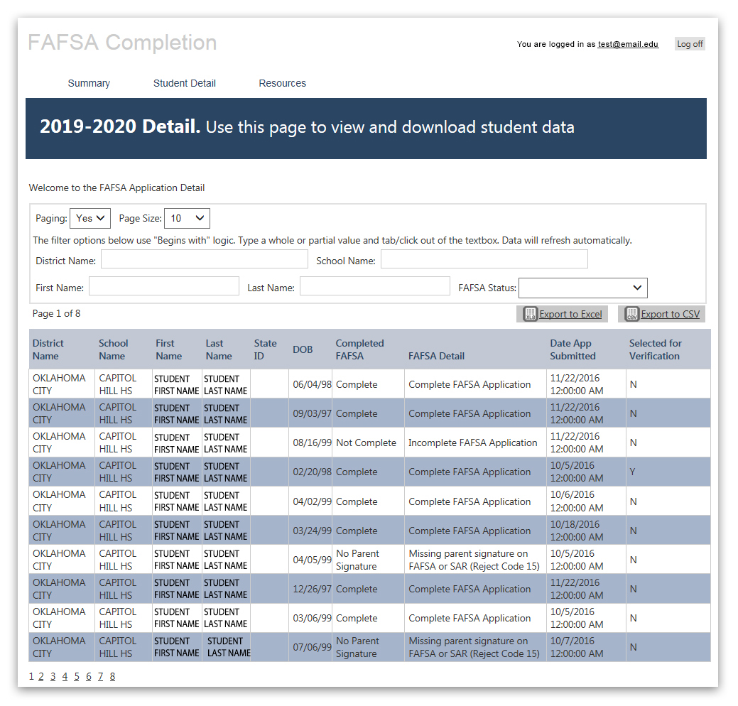 Screenshot of the FAFSA Completion Portal, showing information for sample students. Students are organized by row, and the information organized by column is District Name, School Name, First Name, State ID, Date of Birth, Completed FAFSA status, FAFSA Detail, Date App Submitted, and Selected for Verificiation.